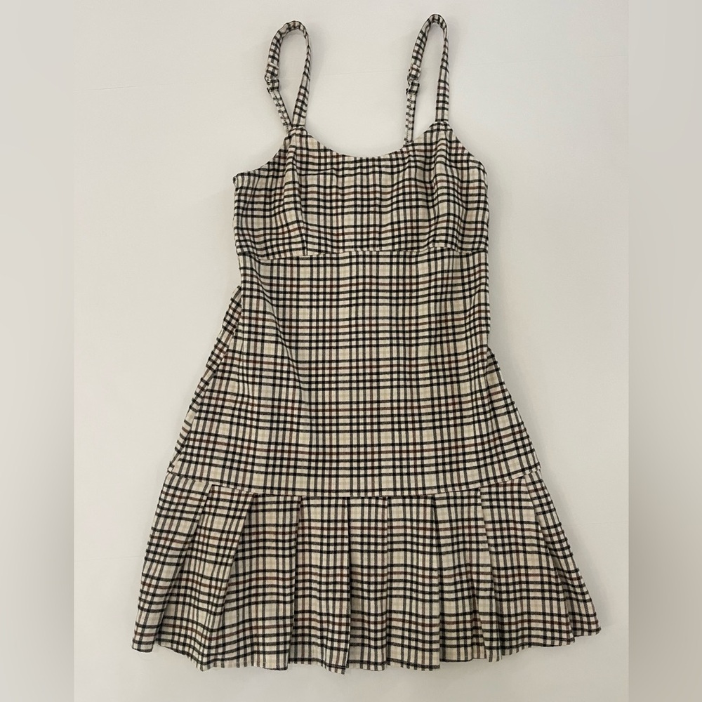 Hollister Wmn S White/Black/Brown Plaid Flannel Pleated Hem Ruffle Dress/Jumper